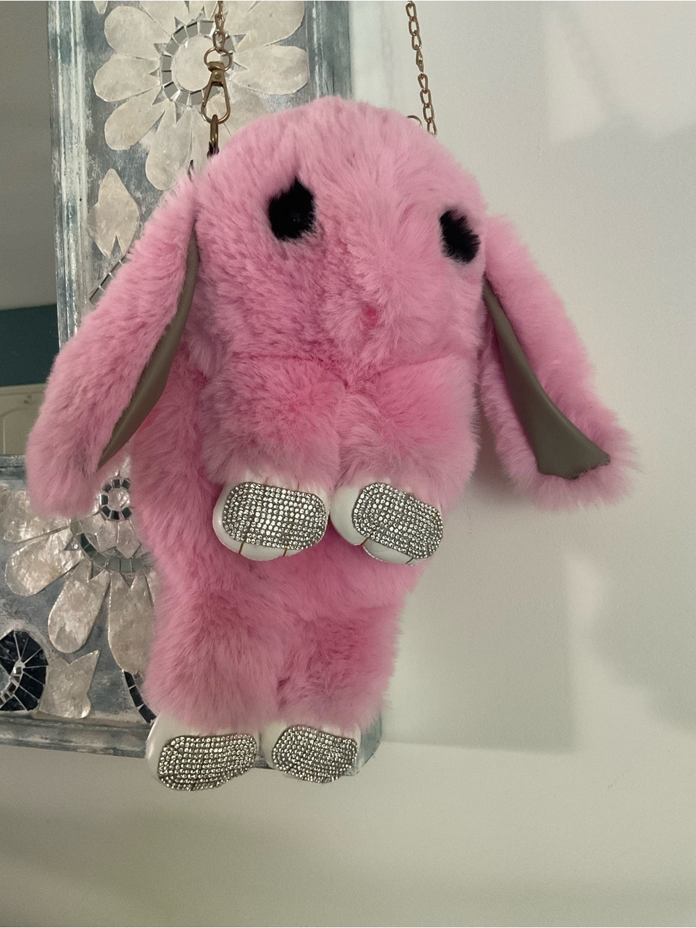 Soft furry rabbit child’s crossbody pocketbook, new, bling feet